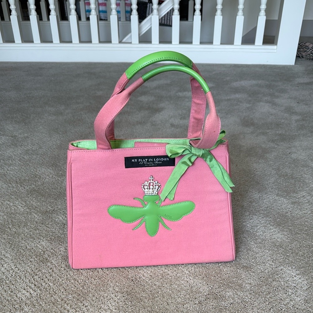 My Flat in London Pink and Green Textured Bag with Bee and Crown Embellishment